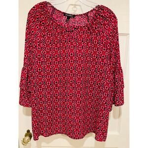 Roz Ali Women's Top Size Large Pink Floral Boat Neck Flared Sleeve Boho Blouse